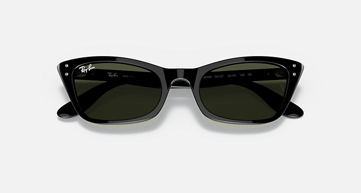 Ray-Ban cat-eye sunglasses with black frame and dark green lenses, overhead front view