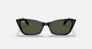 Ray-Ban cat-eye sunglasses with black frame and dark green lenses, angled front view