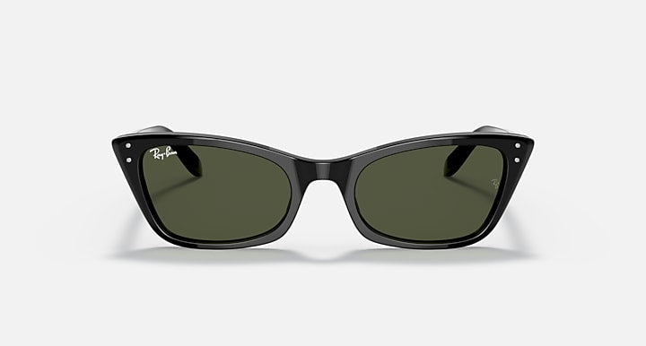 Ray-Ban cat-eye sunglasses with black frame and dark green lenses, angled front view