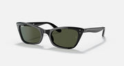 Ray-Ban cat-eye sunglasses with black frame and dark green lenses, front view