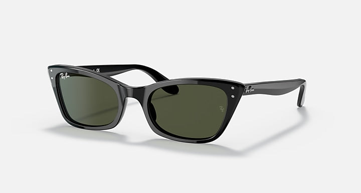 Ray-Ban cat-eye sunglasses with black frame and dark green lenses, front view