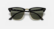 Ray-Ban Clubmaster sunglasses front view, black frame, gold-tone accents, dark mirrored lenses