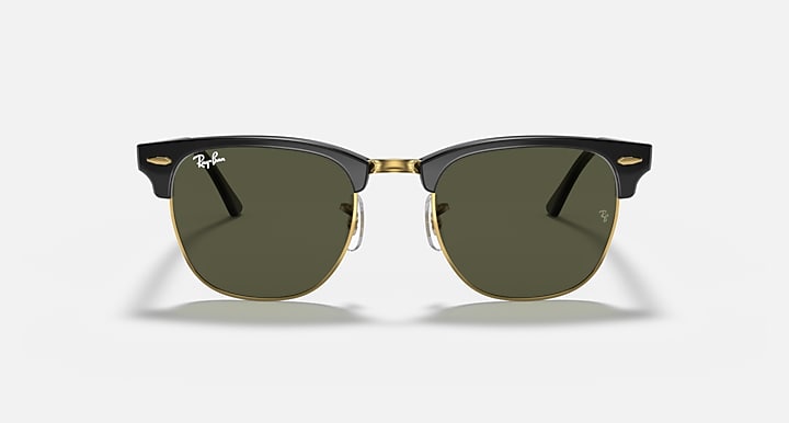 Ray-Ban Clubmaster sunglasses, black frames with gold accents, dark green lenses
