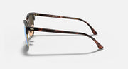 Clubmaster-style sunglasses side view with dark tortoiseshell frame and thin metal hinges