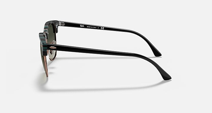 Ray-Ban Clubmaster sunglasses side view, tortoise frame with green lens and gold-tone hinge