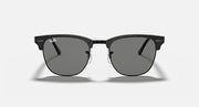 Clubmaster-style sunglasses with black frame and dark gray lenses, front view