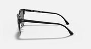 Clubmaster sunglasses side view with black frame and dark gray lenses