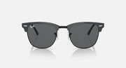 Black Clubmaster-style sunglasses, front view, dark grey tinted lenses