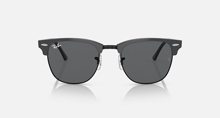Black Clubmaster-style sunglasses, front view, dark grey tinted lenses