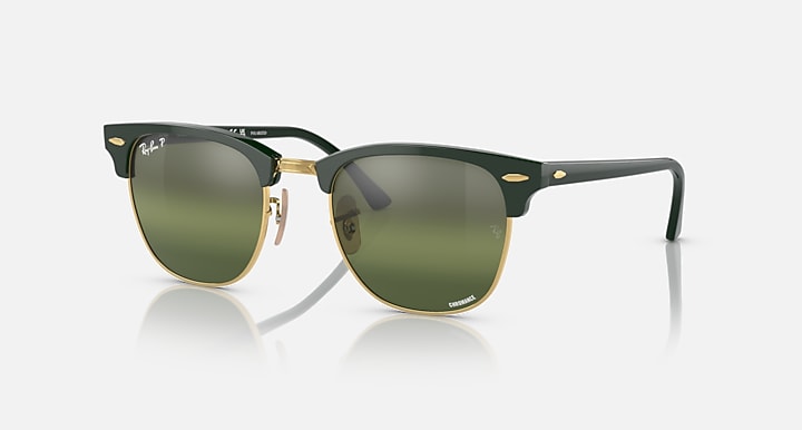 Ray-Ban Clubmaster sunglasses with dark green frame and olive green lenses, gold accents.