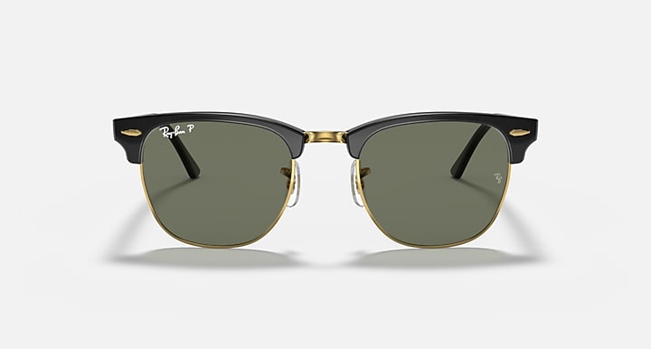 Clubmaster sunglasses, black frame with green lenses and gold accents