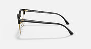 Clubmaster-style sunglasses side view with black frame and gold-tone metal hinges