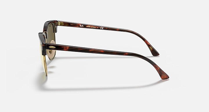 Ray-Ban Clubmaster sunglasses side view with tortoise acetate arms and gold metal hinges