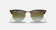 Clubmaster-style sunglasses with tortoiseshell frame and olive gradient lenses