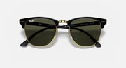 Ray-Ban Clubmaster sunglasses front view, black frame with gold-tone details and green lenses