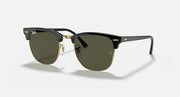 Ray-Ban Clubmaster sunglasses with dark frames, green lenses, and gold-tone accents