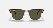 Tortoise Clubmaster sunglasses with round dark green lenses and gold bridge