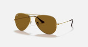 Aviator sunglasses with gold frame and dark brown mirrored lenses