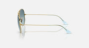 Gold metal aviator sunglasses with light lenses and pale blue temple tips