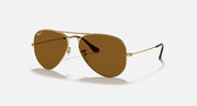 Ray-Ban aviator sunglasses with gold frame and dark brown lenses