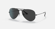 Ray-Ban aviator sunglasses with dark frame and deep gray-green tinted lenses