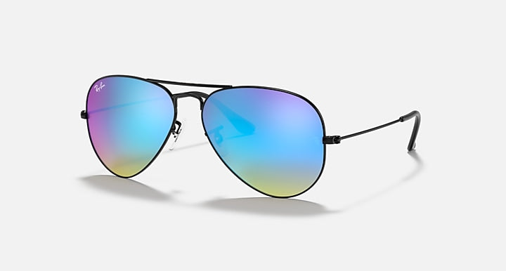 Aviator sunglasses with dark frame and vivid blue mirrored lenses