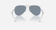 Aviator sunglasses with grey-blue lenses and silver-tone metal frame