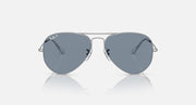 Ray-Ban aviator sunglasses with silver frame and light blue-gray lenses