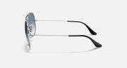 Silver metal aviator sunglasses with dark tinted lenses and black temple tips