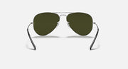 Ray-Ban aviator sunglasses with thin metal frame and greenish olive tinted lenses.