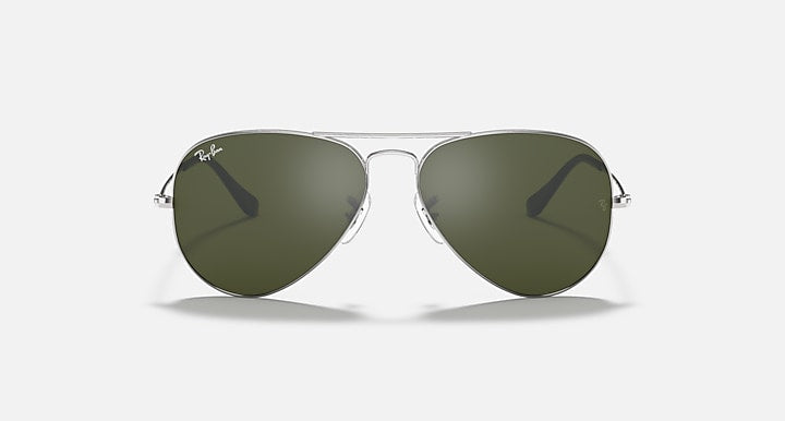 Silver aviator sunglasses with dark olive green lenses and gradient tint