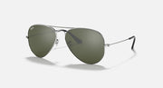 Aviator sunglasses with silver frame and olive green mirrored lenses