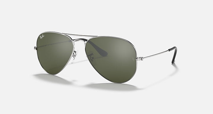 Aviator sunglasses with silver frame and olive green mirrored lenses