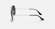 Ray-Ban Aviator sunglasses with silver frame and dark green-tinted lenses with dark arms