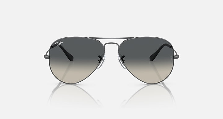 Gunmetal aviator sunglasses with charcoal tinted lenses and metal bridge