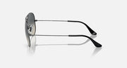 Aviator sunglasses, left side view, black metal frame with dark lenses