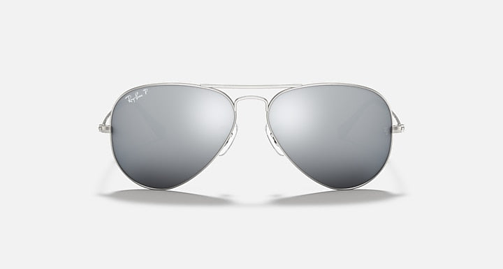Silver aviator sunglasses with mirrored gray lenses