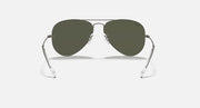 Ray-Ban aviator sunglasses with dark green lenses and grey metal frame temples