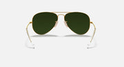 Ray-Ban aviator sunglasses, gold frame with deep green lenses, front view