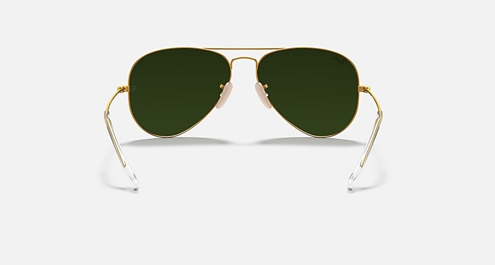 Ray-Ban aviator sunglasses, gold frame with deep green lenses, front view
