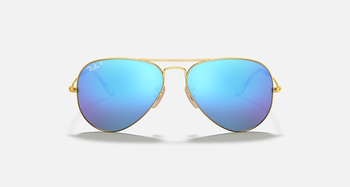 Gold aviator sunglasses with blue tinted lenses and metal bridge