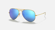 Ray-Ban aviator sunglasses with gold frame and blue mirrored gradient lenses
