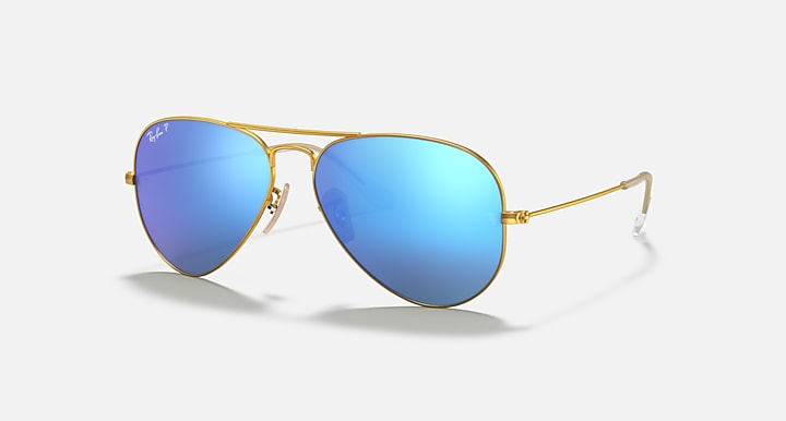 Ray-Ban aviator sunglasses with gold frame and blue mirrored gradient lenses