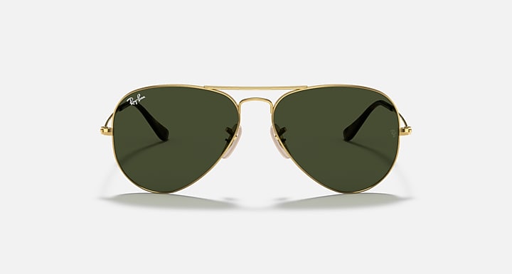 Ray-Ban aviator sunglasses with gold frame and dark green gradient lenses