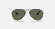 Ray-Ban aviator sunglasses with dark frame and dark green tinted lenses
