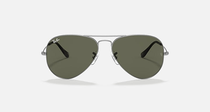Ray-Ban aviator sunglasses with dark frame and dark green tinted lenses