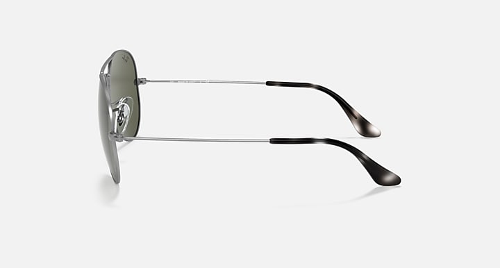 Ray-Ban aviator sunglasses with silver metal frame and dark lenses with black tips