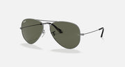 Ray-Ban aviator sunglasses with dark gunmetal frame and olive lenses