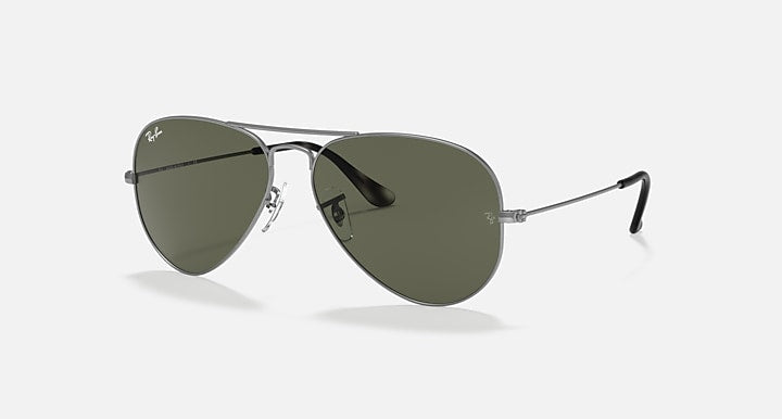Ray-Ban aviator sunglasses with dark gunmetal frame and olive lenses