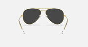 Ray-Ban aviator sunglasses, gold frame with dark gray lenses, front view